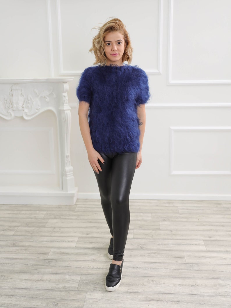 Dark Blue Mohair Sweater Short Sleeve Mohair Sweater Fluffy Etsy