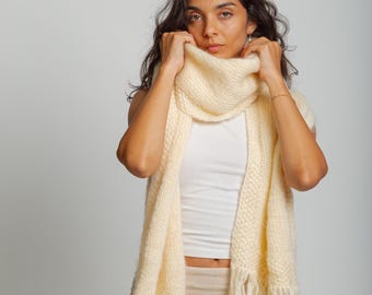 Ready to Ship Delicate Cream Mohair Scarf, Striped Scarf, Fluffy Knitted Winter Scarf, Long Fringe Scarf,Women’s Soft Wrap,Oversized Muffler