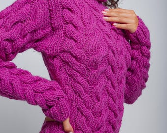 Ready to Ship M Size Handmade Fuchsia Wool Sweater, Chunky Cable Knit Turtleneck, Oversized Cozy Pullover, Luxury Winter Knitwear