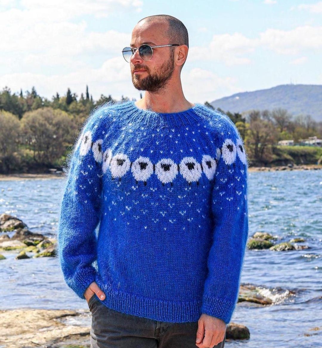 Sheep Pattern Nordic Mohair Sweater, Mens Cozy Pullover, Icelandic