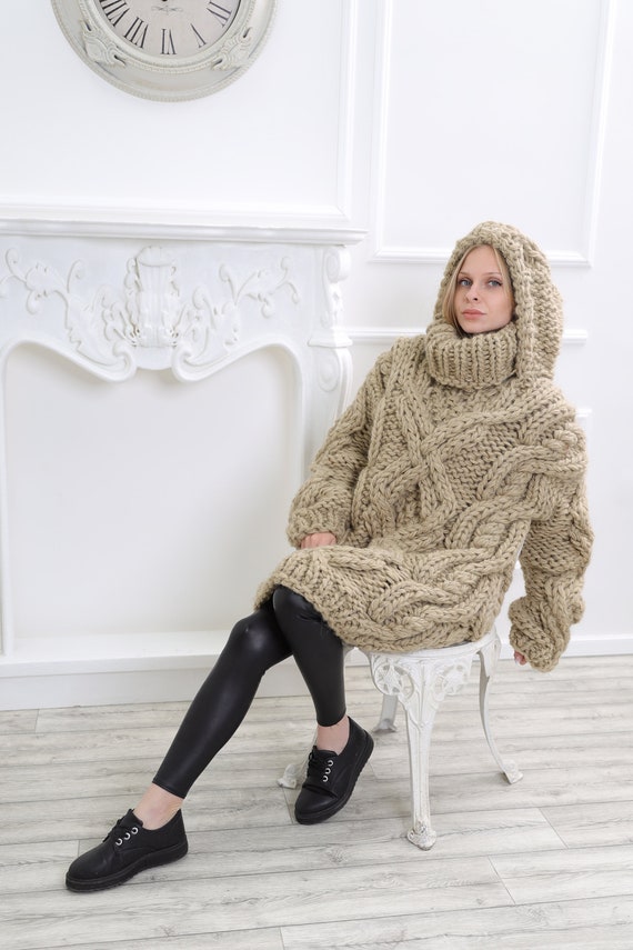 Oversized Wool Hooded Sweater, Chunky Natural Wool Pullover, Giant