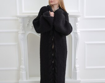 Black Wool Cardigan, Wool Maxi Cardigan, Long Knit Coat, Oversized