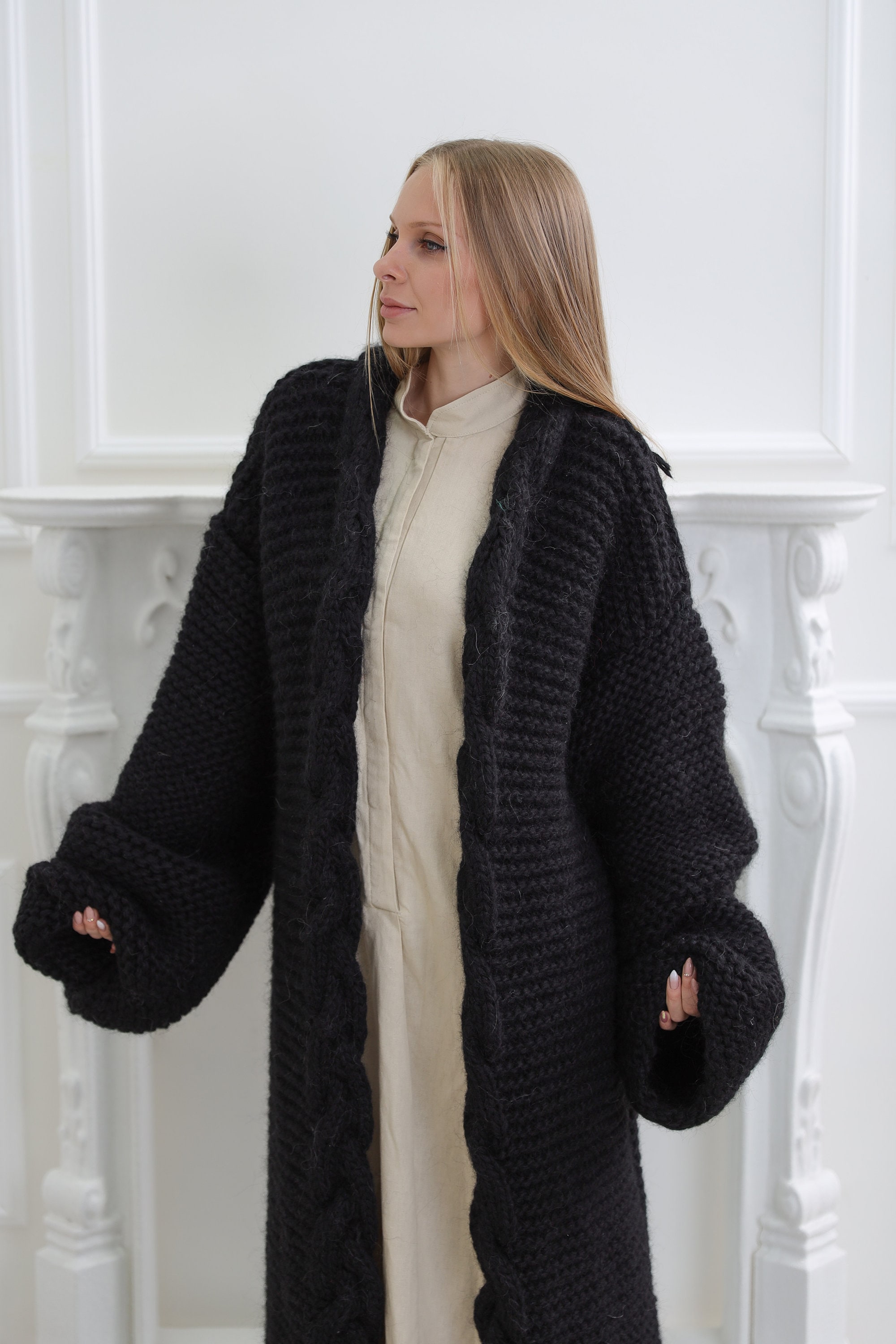 【送料&関税込】Maison KitsunAC Black Wool Cardigan Black Wool Cardigan, Wool Maxi Cardigan, Long Knit Coat