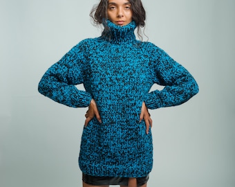 Blue Black Chunky Knit Wool Sweater, Oversized Turtleneck Pullover, Cozy Winter Sweater,Handmade Knit Jumper, Warm Fashion Gift by Molimarks
