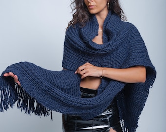 Ready to Ship Chunky Navy Blue Wool Scarf, Large Knitted Shawl, Warm Winter Wrap, Soft Fringe Scarf,Women’s Wool Accessory,Cozy Gift for Her