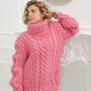 Crochet wool sweater, Warm winter pullover, Pink turtleneck cardigan, Loose wool  top , Molimarks