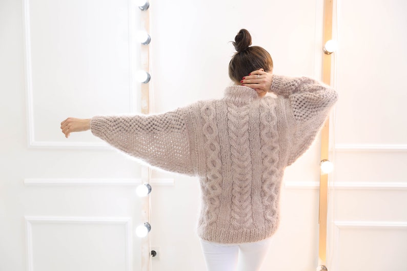 Kimono Mohair Sweater , Icelandic mohair turtleneck sweater, Cable knit fetish pullover, Crochet oversize top image 6