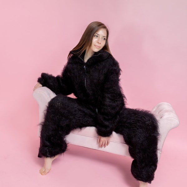 モヘアキャットスーツ、ブラックモヘアオーバーオール、モヘアフェティッシュウェア、プラスサイズキャットスーツ、ハンドニットモヘアジャンプスーツ、セーターキャットスーツ、モヘアボディスーツ