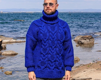 2XL Ready to Ship Blue Handmade Wool Sweater For Men, Winter Wool Pullover, Giant Man Sweater,Thick Wool Jumper, Huge Warm Cozy Pullover