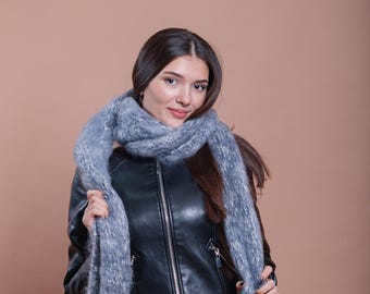 Vrouwen gemêleerde mohairsjaal, lange sjaal, brede pluizige sjaal, handgebreide wollen accessoires, dikke sjaal, cadeau vriendin, warme, gezellige schering
