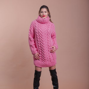 Handmade Pink Wool Sweater, Cabke Knit Sweater, Turtleneck Knit Pullover, Oversized Chunky Sweater, Knitted Loose Sweater, Pink Pullover