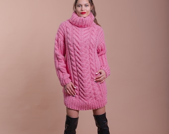 Handmade Pink Wool Sweater, Cabke Knit Sweater, Turtleneck Knit Pullover, Oversized Chunky Sweater, Knitted Loose Sweater, Pink Pullover