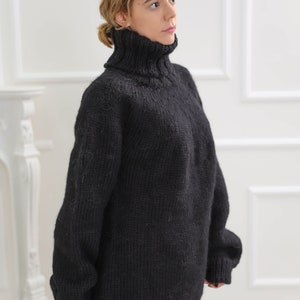 Black oversize wool sweater, Chunky turtleneck wool pullover, Nordic warm fluffy cardigan image 5