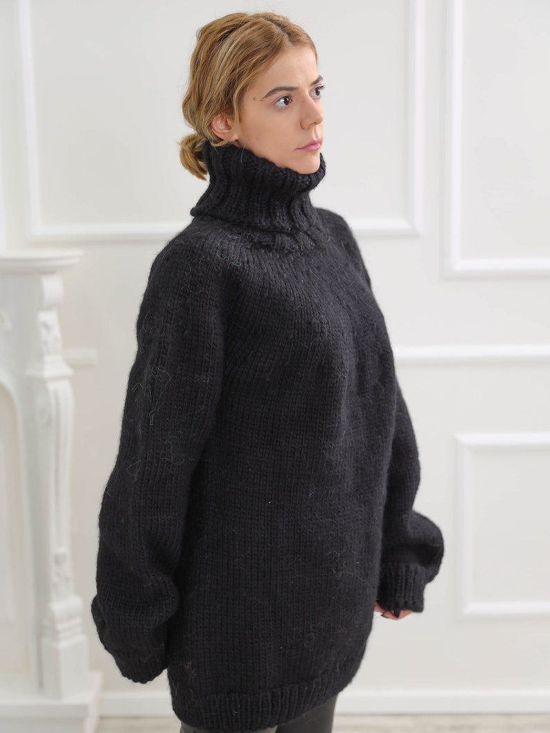 Black oversize wool sweater, Chunky turtleneck wool pullover, Nordic warm fluffy cardigan image 5