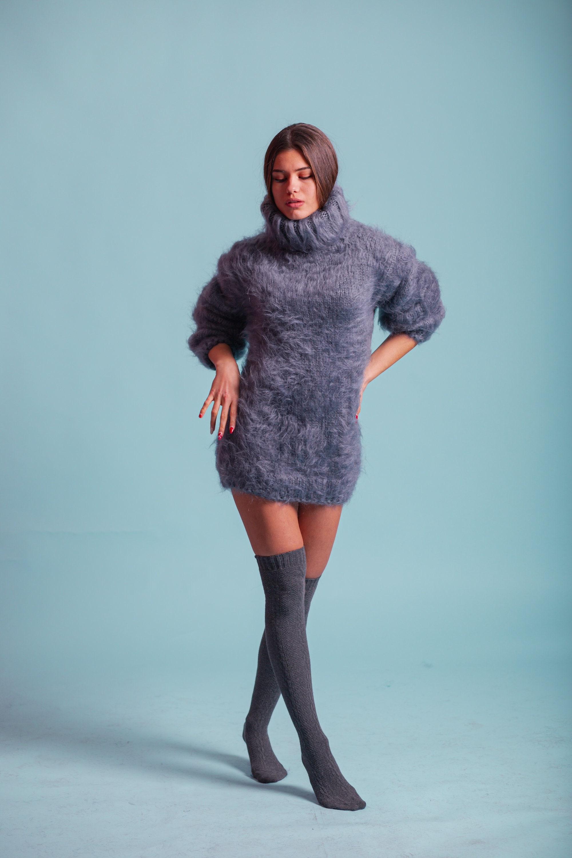 Pull duveteux pour femme, Pull gris, Pull à col roulé en mohair