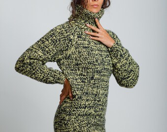 Ready to Ship L Green Black Chunky Wool Knit Sweater, Oversized Turtleneck Pullover, Cozy Winter Sweater, Handmade Knit Jumper, Warm Fashion