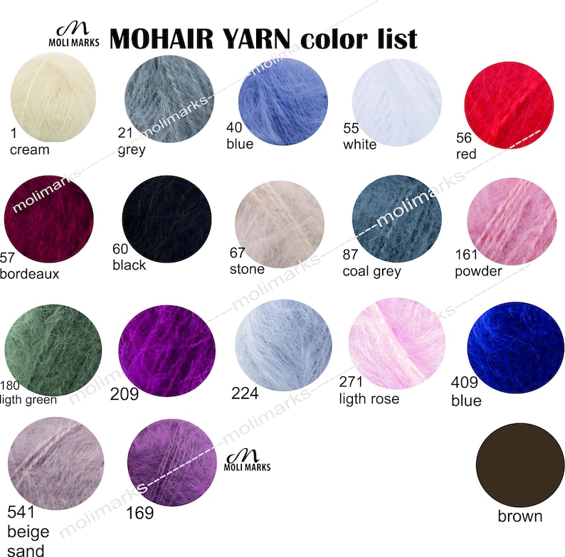 May include: Color chart for mohair yarn with 14 different colors. The colors are: cream, grey, blue, white, red, bordeaux, black, stone, coal grey, powder, light green, purple, light rose, blue, beige sand, and brown.