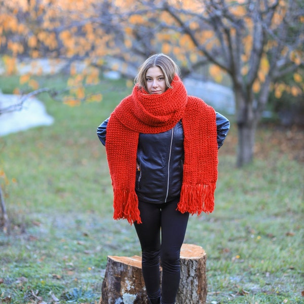 Écharpe Mohair en laine rouge de 3,5 m, écharpe en laine large, écharpe extra longue, châle tricoté à la main, accessoires en laine d'hiver, grosse écharpe, écharpe Saint-Valentin