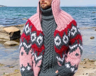 Handmade Fair Isle Cardigan, Chunky Mohai Knit Coat, Soft Pink Nordic Oversized Sweater, Long Open Cardigan, Gift for Him by Molimarks
