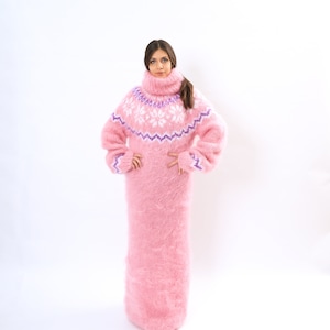 Pink Fluffy  Mohair dress , Fuzzy  mohair sweater dress, Mohair  turtleneck knit dress, Slouchy boho mohair dress, Nordic pattern dress