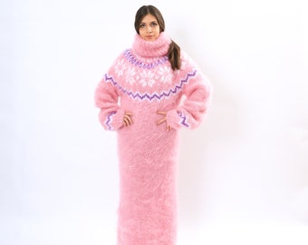 Pink Fluffy  Mohair dress , Fuzzy  mohair sweater dress, Mohair  turtleneck knit dress, Slouchy boho mohair dress, Nordic pattern dress