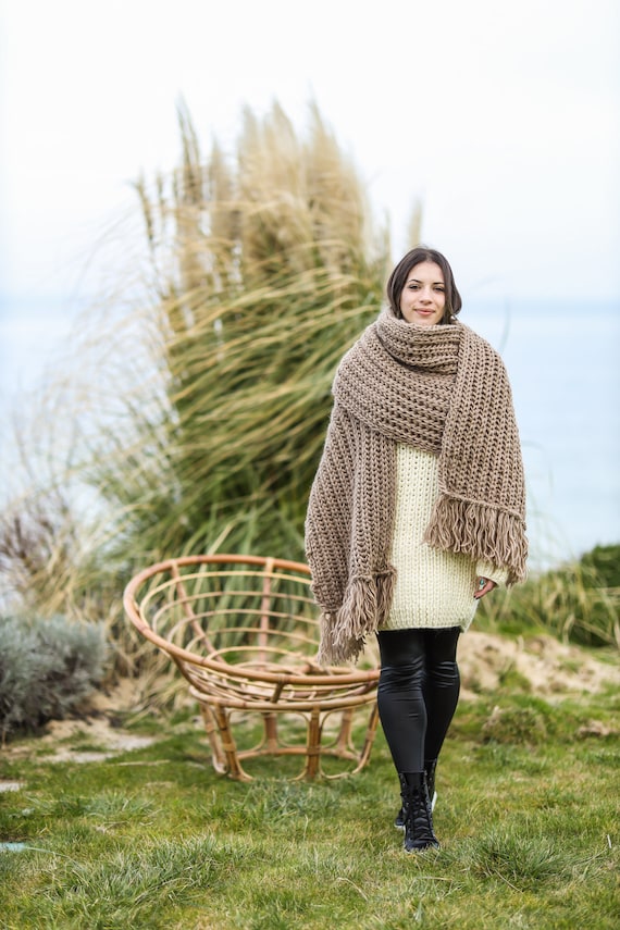 Wool Knit Scarf Beige Long Scarf Wide Wool Scarf Hand - Etsy Israel
