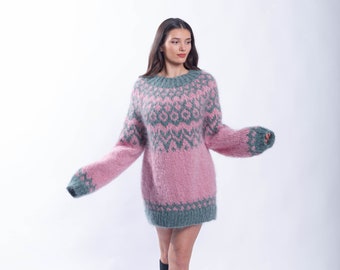 Pink and Green Mohair Icelandic Pattern  Sweater, Fluffy Nordic Jumper, Oversized Mohair Turtleneck, Lopapeysa  Jumper, Handknit Pullover
