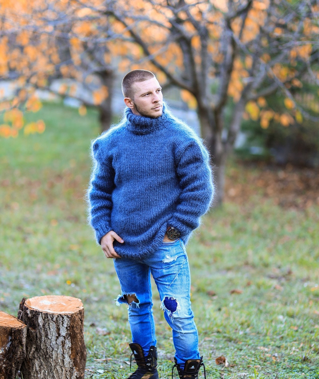 yeqedu #5889 Mohair Sweater Men Gradient Color Thick Warm Winter Mens Pullover Sweaters Long Sleeve Knitted