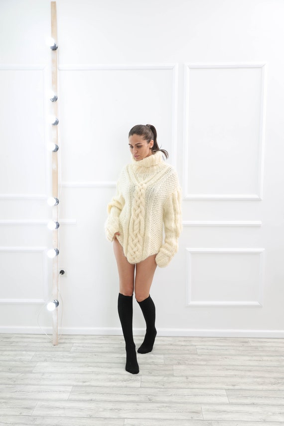 Cream Sweater Bodysuit, Turtleneck Mohair Catsuit, Mohair Fetish Bodysuit,  Kable Knit Jumper Sweater for Women, Oversized Iceland Sweater 