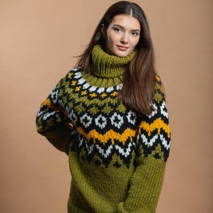 Green Knit Nordic Sweater, Nordic Jumper, Fair Isle Pullover, Lopapeysa Jumper, Women Sweater, Turtleneck Jumper, Icelandic Sweater, Sweater