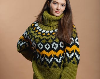 Green Knit Nordic Sweater, Nordic Jumper, Fair Isle Pullover, Lopapeysa Jumper, Women Sweater, Turtleneck Jumper, Icelandic Sweater, Sweater