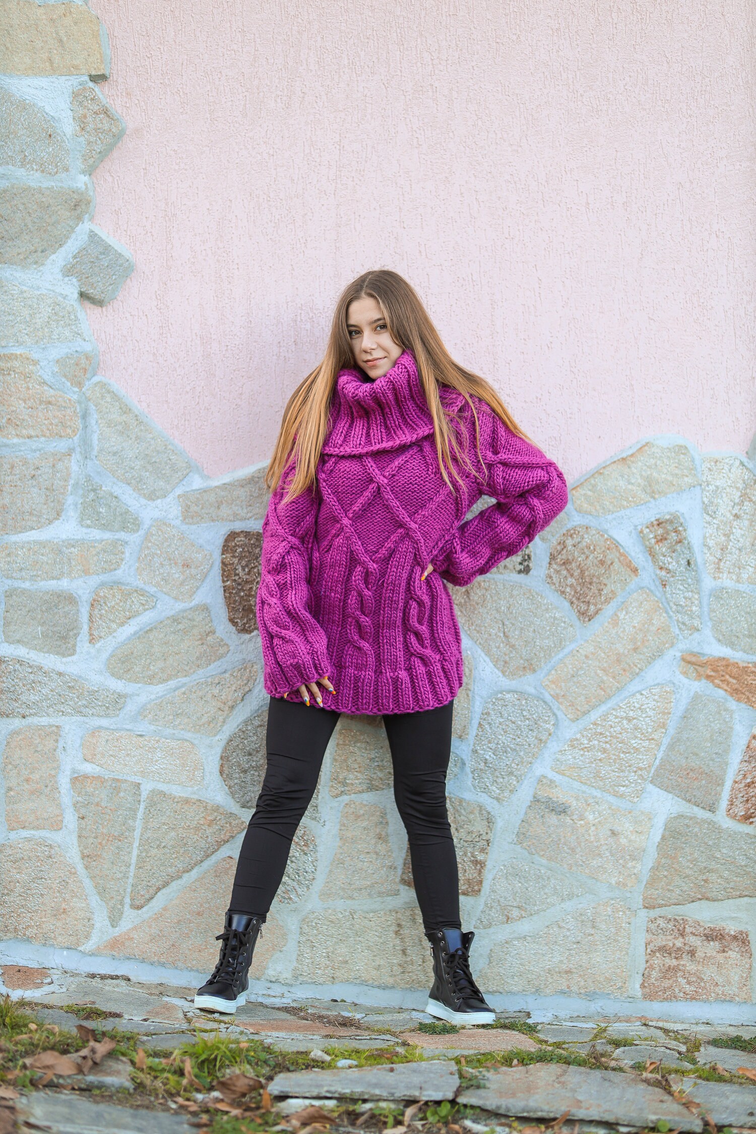 Cable-Knit Oversized Sweater - Purple