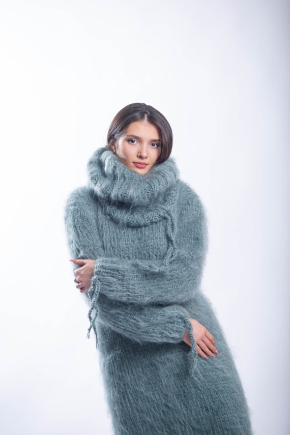 fluffy knit dress Huge Turtleneck Mohair Dress, Sweater for Women, Plus Size Chunky Dress, Floor Length Dress, Cozy Dress, Loose Knitwear tan shirts big and tall