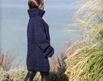 Knit Oversize Wool Sweater, Chunky Turtleneck Wool Pullover, Wool