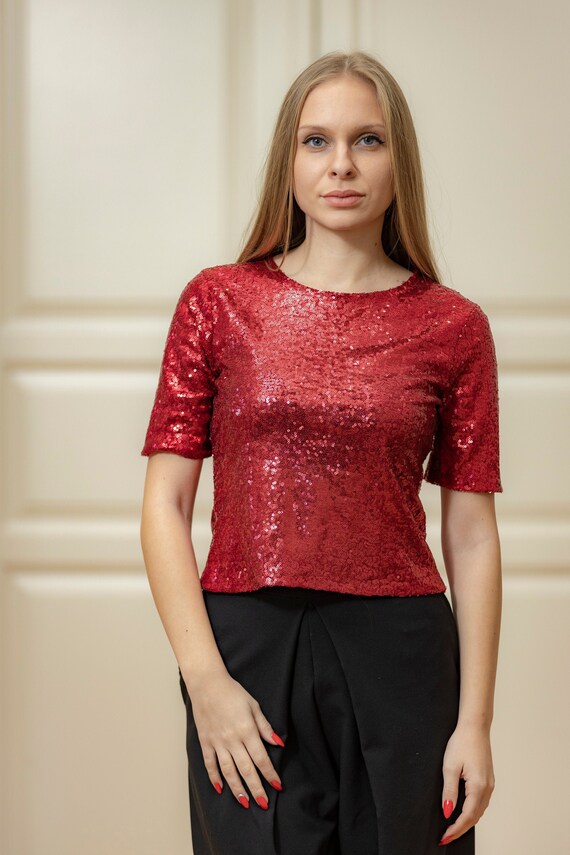 Nuovo top in paillettes Blush Bordo Rosso Scuro crop top per