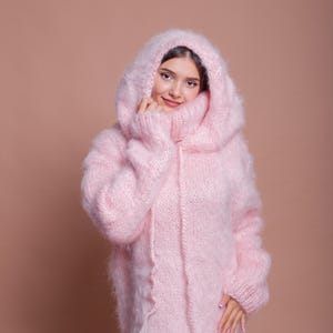 Huge Pink Fluffy Hoodie Turtleneck mohair maxi sweater dress hand knitted available in any sizes bu Molimarks