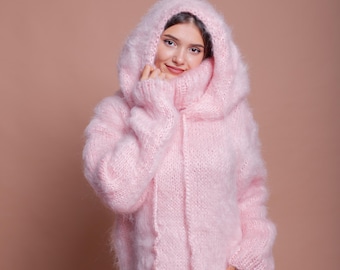 Huge Pink Fluffy Hoodie Turtleneck mohair maxi sweater dress hand knitted available in any sizes bu Molimarks