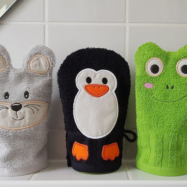 Set Waschhandschuhe Tiere Pinguin Maus Frosch /  ITH  15x24