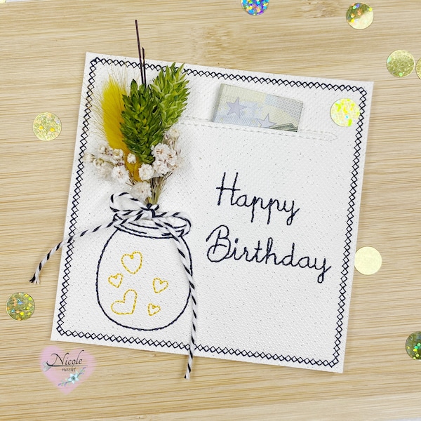 Einsteckkarte / Geschenk/ Gutschein/ Karte Happy Birthday 2/ Geburtstag/ Wunscherfüller/  ITH Stickdatei in 10x10