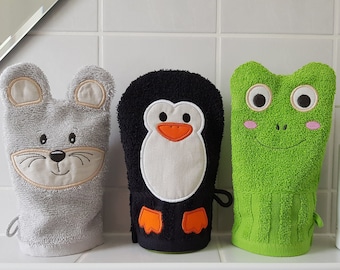 Set Waschhandschuhe Tiere Pinguin Maus Frosch /  ITH  15x24