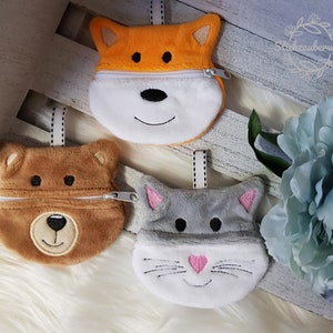 Set of cat, bear, fox zipper bag/purse/bag dangle, pendant, keychain, ITH, embroidery file, embroidery pattern / 10x10