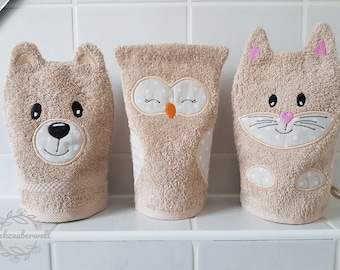 Set of wash gloves animals bear cat owl / ITH 15x24