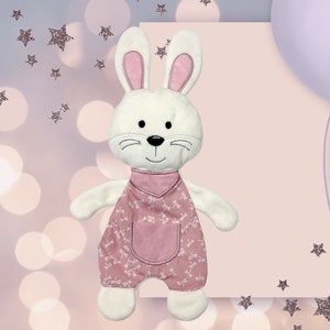 May include: White plush bunny toy wearing a pink overall with a dragonfly pattern. The overall has a pocket on the front.