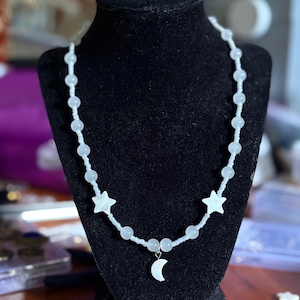 Moon and Star Celestial Glass Bead Necklace - handmade
