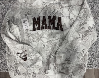 White Camo Glitter Applique embroidered Hoodie with personalized sleeve names and heart •Camo Mama Hoodie
