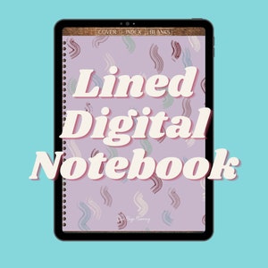 May include: A digital notebook displayed on a tablet. The screen shows a lavender background with abstract brushstroke designs in various colors. The text "Lined Digital Notebook" is prominently displayed in a retro font. The top of the screen has the words "COVER", "INDEX", and "BLANKS".