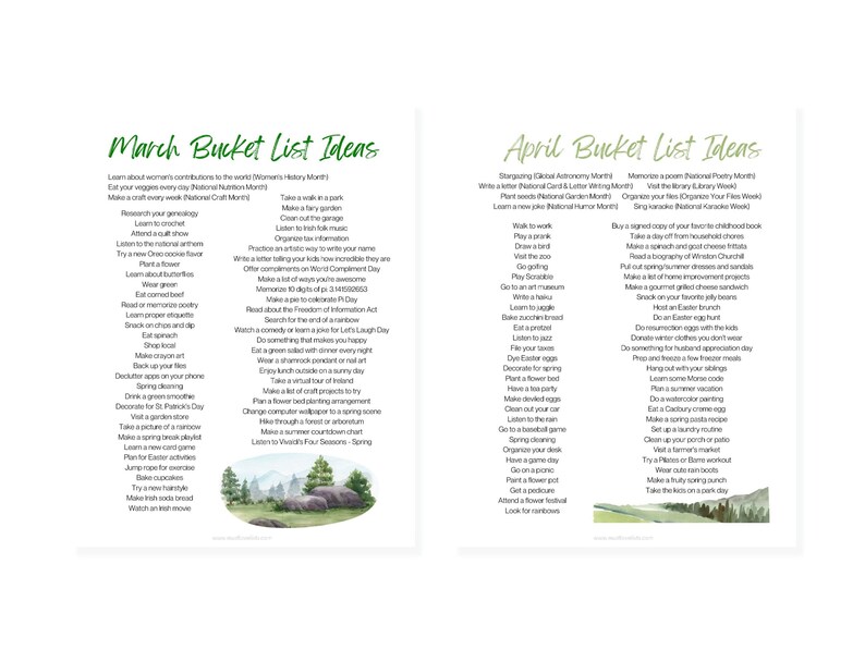 March bucket list ideas. April bucket list ideas.