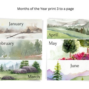 Months of the year for bulletin board, vision board, or magnetic board in watercolor tree theme.
