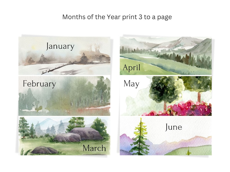 Months of the year for bulletin board, vision board, or magnetic board in watercolor tree theme.
