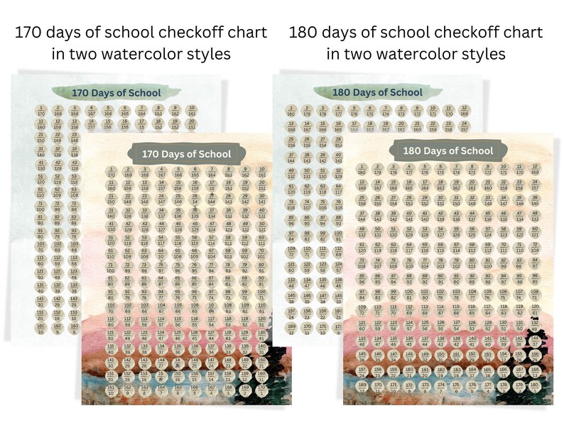 School year countdown calendar, 180 school days checkoff chart.